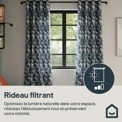 Rideau tamisant à œillets effet flammé Peca imprimé géométrique bleu marine H.260 x l.140cm GoodHome