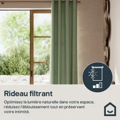 Rideau tamisant à œillets velours côtelé Hiva vert kaki clair H.260 x l.140cm GoodHome