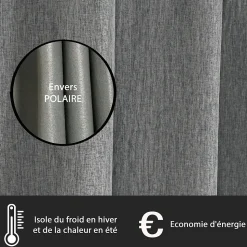 Rideau thermique DYLREV satin gris 140x240 cm, œillets, doublure opaque.