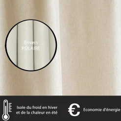 Rideau thermique satiné beige 140x240 cm, polyester doublé, opaque, œillets prêt-à-poser.