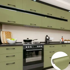 Rouleau adhésif Imperméable Vinyle au Mètre - Sticker Lavable Cuisine Meuble Armoire Porte - 60cmx3m - Vert olive