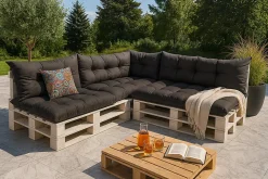 Set 7 coussins palette assises 120x60 dossiers + 120x40 kit coussins canapé de jardin Noir coussins pour mobilier de jardin