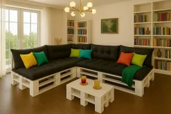 Set 7 coussins palette assises 120x60 dossiers + 120x40 kit coussins canapé de jardin Noir coussins pour mobilier de jardin