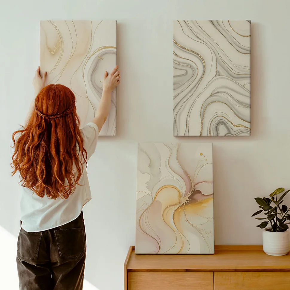 Set 3 Panneaux Toile Tendue 2cm Épaisseur Wallfluent 40x60 cm Motifs Abstraits Chauds Art Mural Moderne