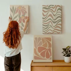 Set 3 Tableaux Toile Tendue Wallfluent 40x60 cm Fleurs Abstraites Pastel Composition Harmonisée Déco Murale Salon