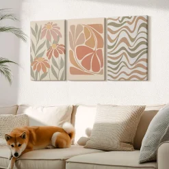 Set 3 Tableaux Toile Tendue Wallfluent 40x60 cm Fleurs Abstraites Pastel Composition Harmonisée Déco Murale Salon