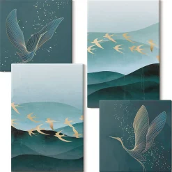 Set 4 Tableaux Toile Tendue Wallfluent 2x(40x40)+2x(40x60) Paysages Abstraits De Vagues D'oiseaux Finition Galerie