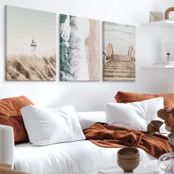 Set De Tableaux Mer Phare Plantes Nature 90cm x 40cm - Parfait pour décorer votre salon, chambre ou bureau avec un design unique