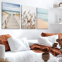 Set De Tableaux Plage Mer Pont Plantes 90cm x 40cm - Parfait pour décorer votre salon, chambre ou bureau avec un design unique et
