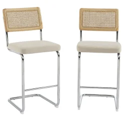 Skana - Lot de 2 chaises de bar en velours côtelé pieds chrome H66cm - Beige