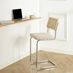 Skana - Lot de 2 chaises de bar en velours côtelé pieds chrome H66cm - Beige