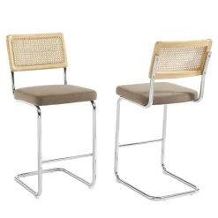 Skana - Lot de 2 chaises de bar en velours côtelé pieds chrome H66cm - Taupe