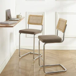 Skana - Lot de 2 chaises de bar en velours côtelé pieds chrome H66cm - Taupe