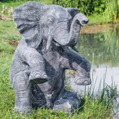 Statue éléphant patiné noir gris assis 95 cm