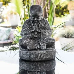 Statue moine shaolin assis gris patiné 40 cm