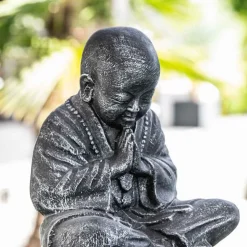 Statue moine shaolin assis gris patiné 40 cm