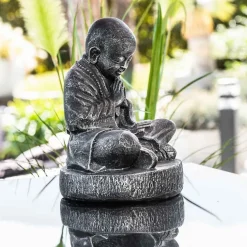 Statue moine shaolin assis gris patiné 40 cm