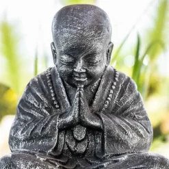 Statue moine shaolin assis gris patiné 40 cm
