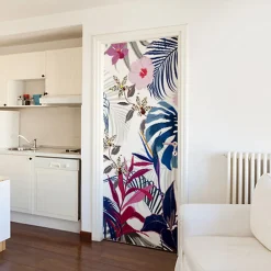 Sticker Adhésif Décoratif 204 cm X 83 cm pour Portes et Placards - Motif Plantes Exotiques Rose Bleu Vert