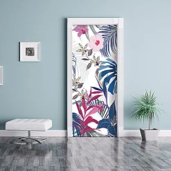 Sticker Adhésif Décoratif 204 cm X 83 cm pour Portes et Placards - Motif Plantes Exotiques Rose Bleu Vert