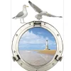 Sticker décoratif 3D Hublot trompe l'oeil, 68x48cm, vu sur le bord de mer avec phare blanc pour fenêtre.