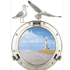 Sticker décoratif 3D Hublot trompe l'oeil, 68x48cm, vu sur le bord de mer avec phare blanc pour fenêtre.