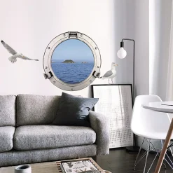 Sticker Fenêtre Hublot 3D, Vue Mer & Île, 68x48cm - Déco Murale Trompe l'Oeil