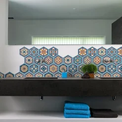 Sticker Mural Carrelage adhésif Cuisine Salle de Bain - CARRELAGES HEXAGONES BOIS PATINÉ BLEU-VERT - 28stickershexagones15x13,5cm