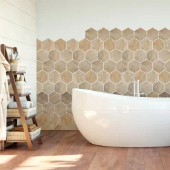 Sticker Mural Carrelage adhésif Cuisine Salle de Bain - CARRELAGES HEXAGONES BOIS PATINÉ - 28stickershexagones15x13,5cm