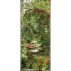 Sticker mural décoratif 204 cm X 83 cm, trompe l'oeil fleuri avec arche de capucine et rose trémière autour d'une table de jardin.