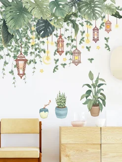 Sticker mural motif plantes tropicales - Feuilles vertes - Pour salon, chambre à coucher, couloir - Décoration murale