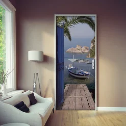 Sticker porte, trompe l'oeil porte en fer bleu, vue sur mer avec ponton, pêche , 204 cm X 73 cm