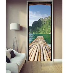 Sticker porte trompe l'oeil Ponton en bois 204x83cm, Déco porte ouverte, Rochers verts, Décoration intérieure murale