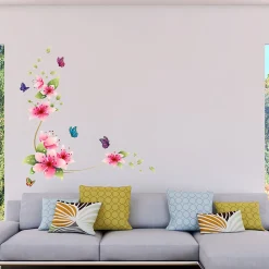 Stickers Muraux décoration adhésifs fleurs roses et papillons