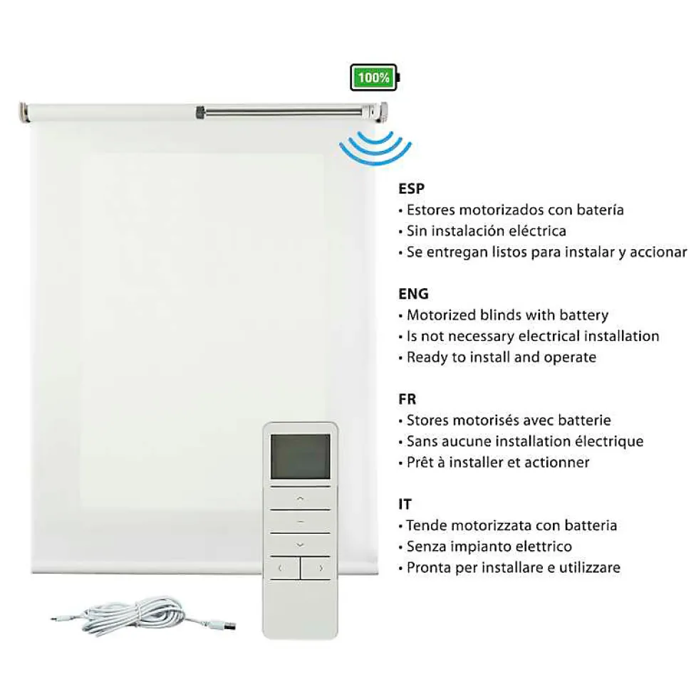 Store Enrouleur Translucide Stores Motorises avec batterie, moteur et télécommande Blanc 100 x 250 cm