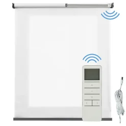 Store motorisé translucide avec batterie, moteur, télécommande et finition aluminiumBlanc 180 x 250cm
