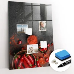 Tableau Aimanté Wallfluent 70x100 cm Paprika moulu Marqueur blanc En Verre Pour Cuisine