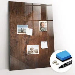 Tableau Aimanté Wallfluent 70x100 cm Bois foncé Marqueur blanc En Verre Pour Cuisine