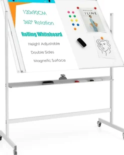 Tableau Blanc avec Hauteur Reglable Double Face Tableau Blanc Magnetique Rotatif Tableau Effacable de 120 x 90 CM