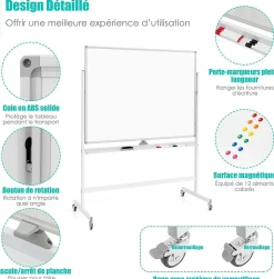 Tableau Blanc avec Hauteur Reglable Double Face Tableau Blanc Magnetique Rotatif Tableau Effacable de 120 x 90 CM