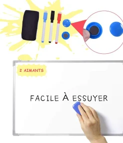 Tableau Blanc Magnetique avec 3 Stylos Effacables Couleur Noir-Rouge-Bleu 2 Autocollants Magnetiques et 2 Crochets Amovibles