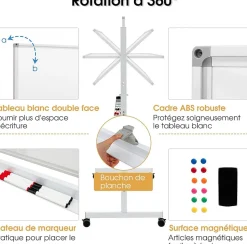 Tableau Blanc Magnetique Rotatif,Hauteur Reglable sur 2 Positions avec 4 Roues,120 x 60 CM, pour Ecole (Blanc)