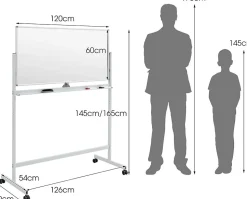 Tableau Blanc Magnetique Rotatif,Hauteur Reglable sur 2 Positions avec 4 Roues,120 x 60 CM, pour Ecole (Blanc)
