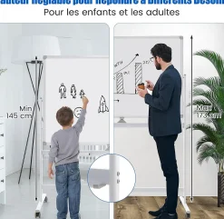 Tableau Blanc Magnetique 120x80CM Rotatif a Hauteur Reglable sur 2 Positions 4 Roues Universelles Tableau Effaçable