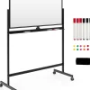 Tableau Blanc Magnetique Rotatif , Hauteur Reglable sur 2 Positions avec 4 Roues, 120 x 60 CM, pour Ecole (Noir)