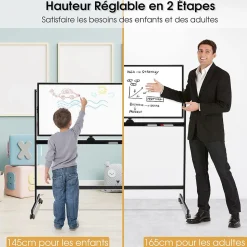 Tableau Blanc Magnetique Rotatif , Hauteur Reglable sur 2 Positions avec 4 Roues, 120 x 60 CM, pour Ecole (Noir)