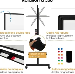 Tableau Blanc Magnetique Rotatif , Hauteur Reglable sur 2 Positions avec 4 Roues, 120 x 60 CM, pour Ecole (Noir)