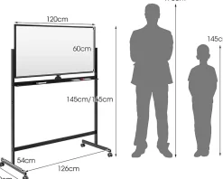 Tableau Blanc Magnetique Rotatif , Hauteur Reglable sur 2 Positions avec 4 Roues, 120 x 60 CM, pour Ecole (Noir)