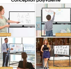 Tableau Blanc Magnetique Rotatif , Hauteur Reglable sur 2 Positions avec 4 Roues, 120 x 60 CM, pour Ecole (Noir)