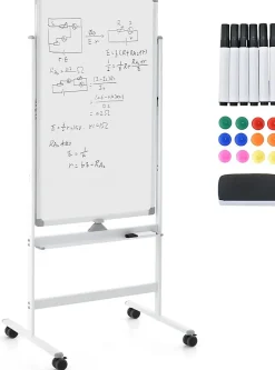 Tableau Blanc Roulant Magnetique 60x100cm avec Hauteur Reglable Double Face Effacable